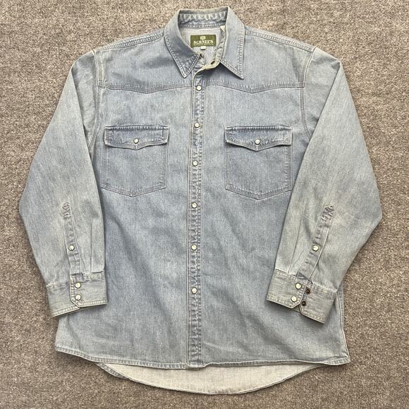 Schnee's Denim Shirt Mens Large Blue Western Pearl Snap Pockets Cowboy Workwear - Picture 1 of 9